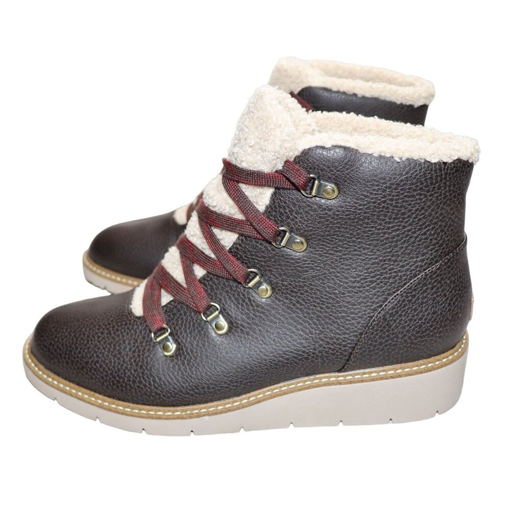 Dr. Scholls Boots Size 9.5 Brown Leather Lace-up Sherpa Lined So Cozy Wedge NEW - Picture 5 of 14
